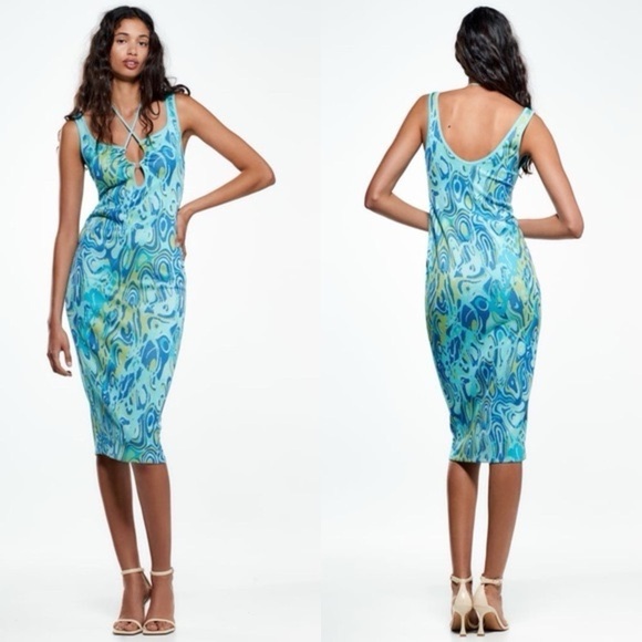 Zara Dresses & Skirts - NEW Zara CUT OUT JACQUARD PRINT KNIT DRESS Adjustable Tie Strap SZ M